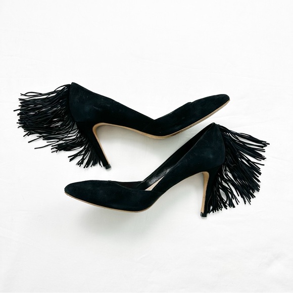 Loeffler Randall Pari Fringe Pumps Size 8.5 Black Heel Pointed Toe Suede Leather - Picture 4 of 13